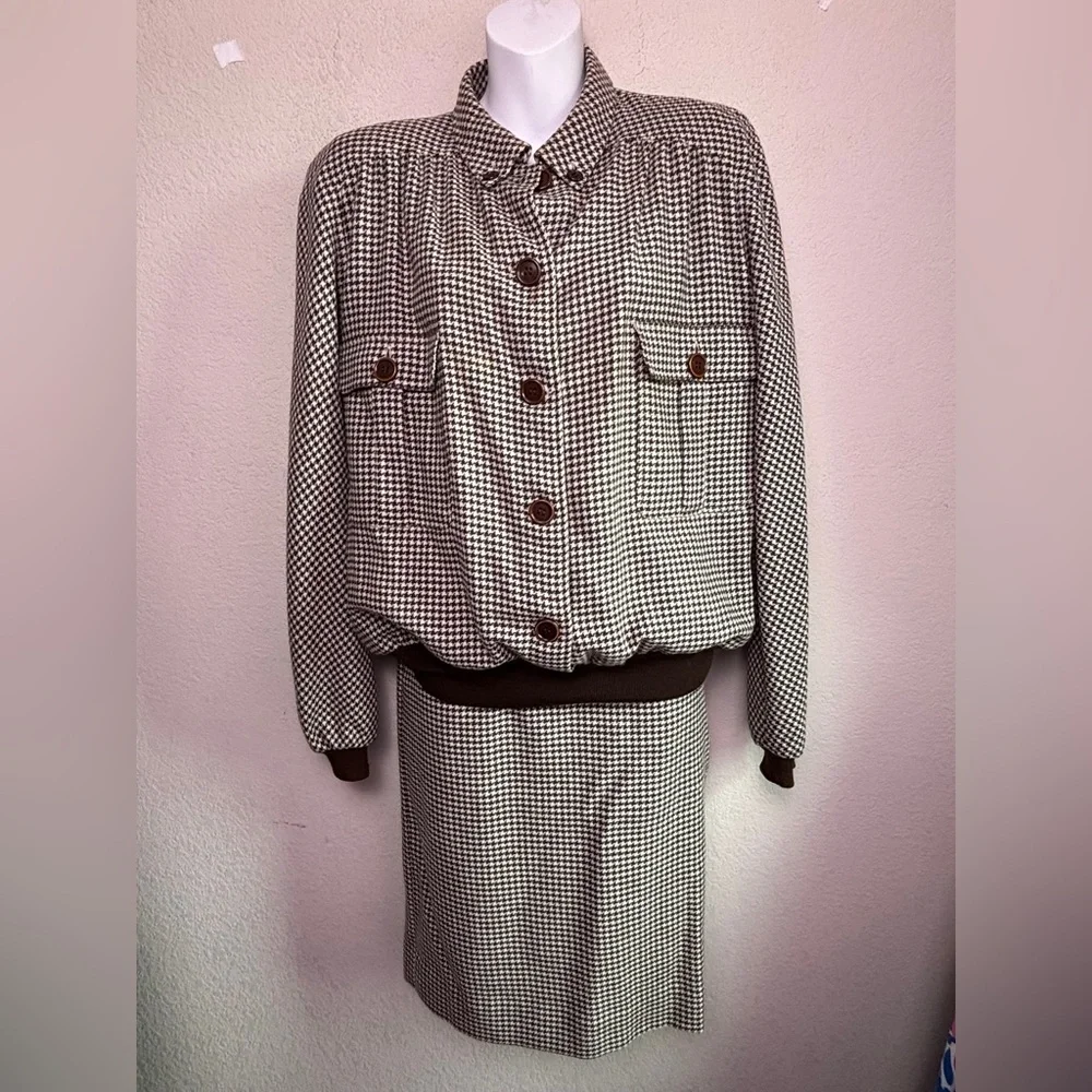 Vintage Valentino Brown Cream Houndstooth Skirt & Bomber Sweater Set 46 M L